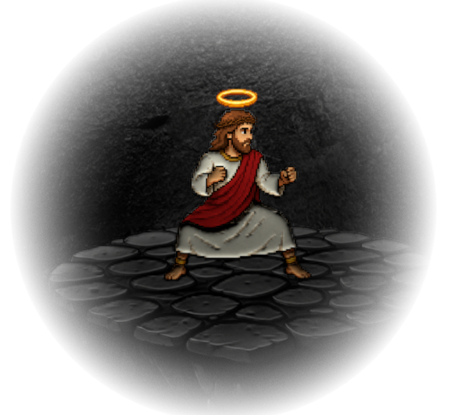 Jesus stands ready on a dark stone platform